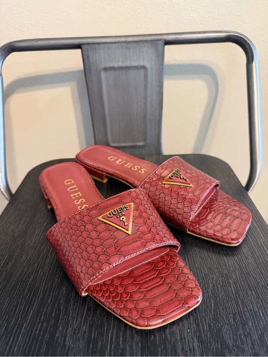 Guess Shoes - Guess Burgundy Red Croc Embossed Logo Slide Sandals Size 8